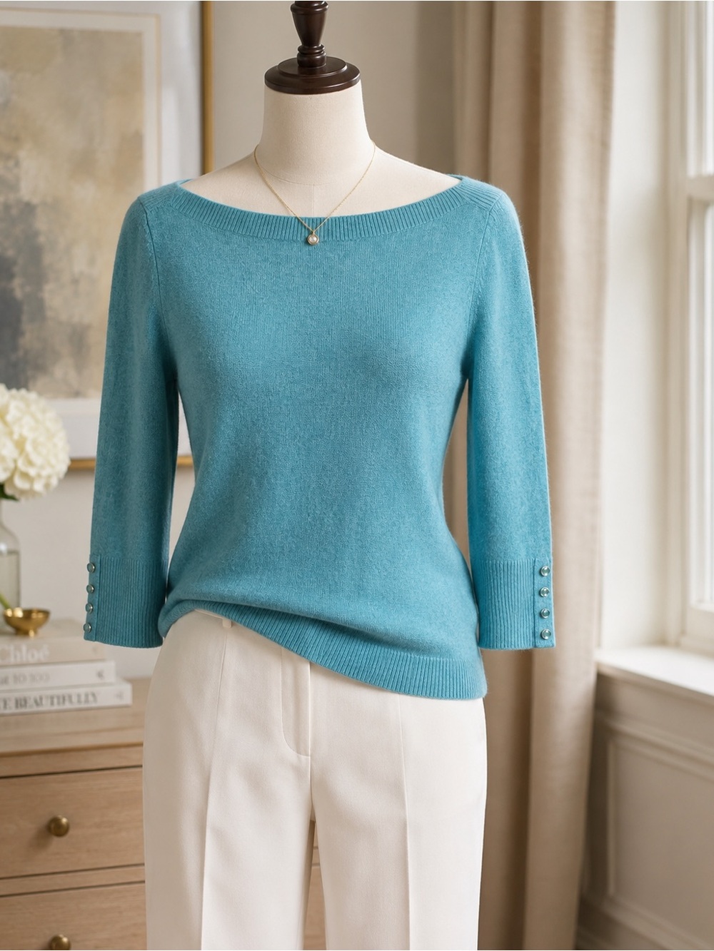 Talbots NWT 100% Cashmere Light Teal Boatneck Sweater Quiet Luxury S